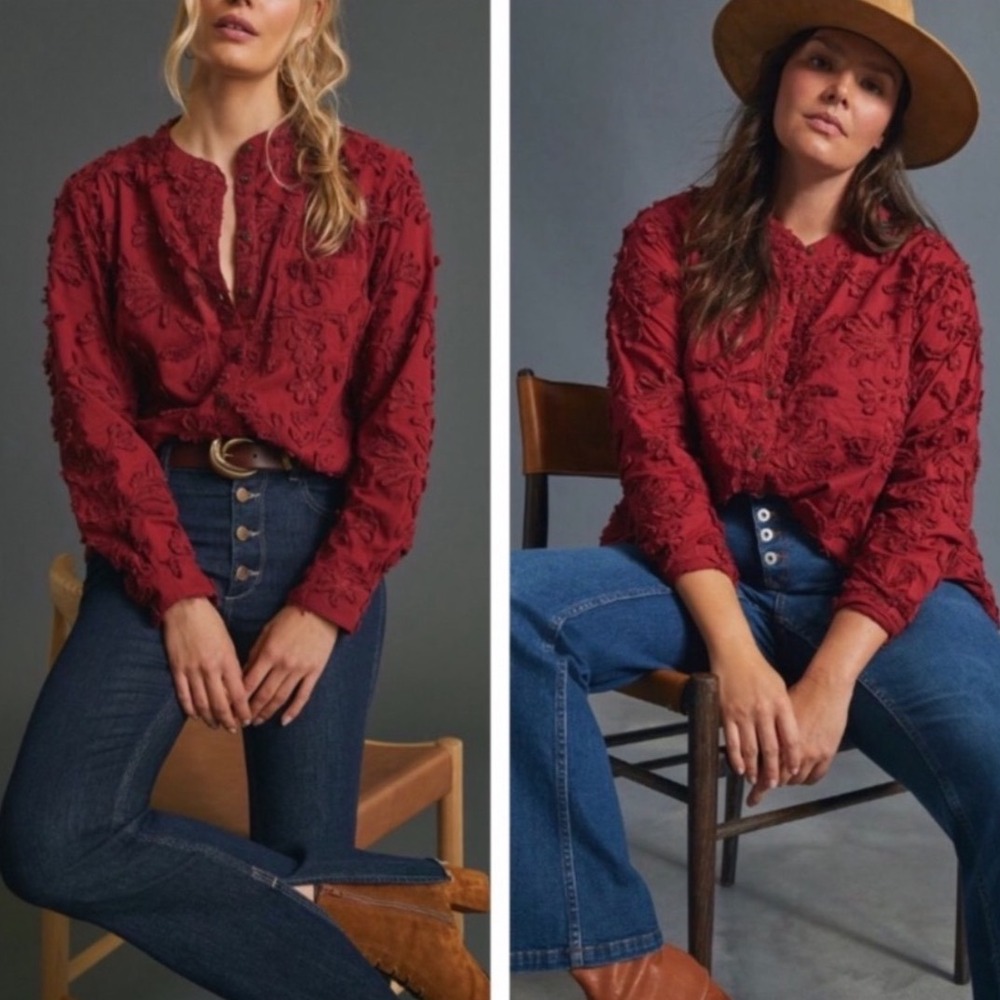 Pilcro Whitney Trapeze Blouse XS Burgundy Floral Embroidered Button Down Top